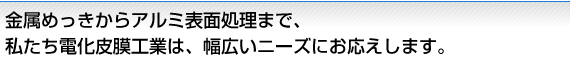 金属めっきからアルミ表面処理まで、私たち電化皮膜工業は、幅広いニーズにお応えします。